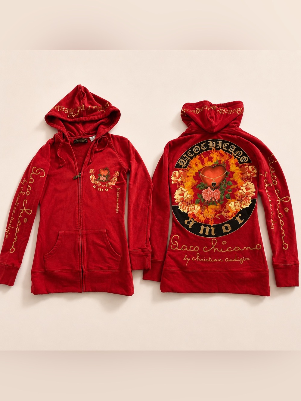 Paco Chicano Christian Audigier Red Sacred Heart Zip Hoodie XS Y2K